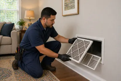 HVAC technician inspecting airflow and refrigerant related cooling issues
