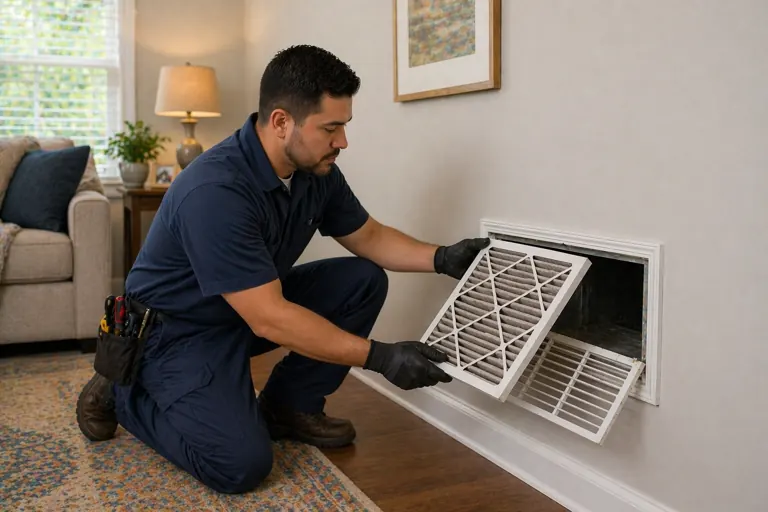 HVAC technician inspecting airflow and refrigerant related cooling issues