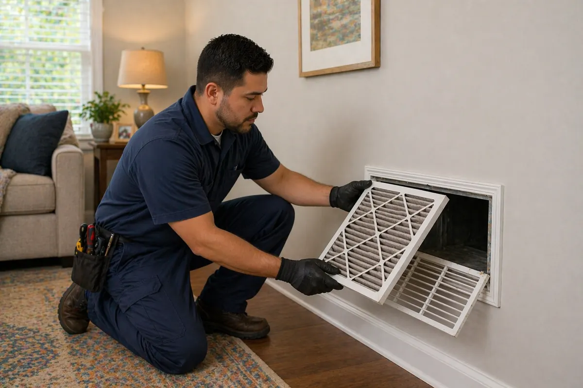 HVAC technician inspecting airflow and refrigerant related cooling issues