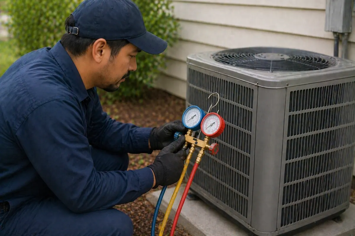 Outdoor air conditioning unit with technician inspecting for dirt or cooling problems