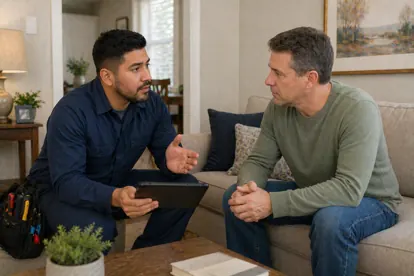 HVAC technician explaining air conditioning findings to a homeowner