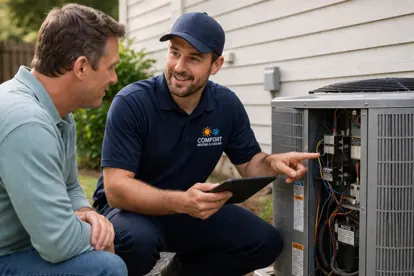 HVAC technician inspecting an air conditioning system with homeowner