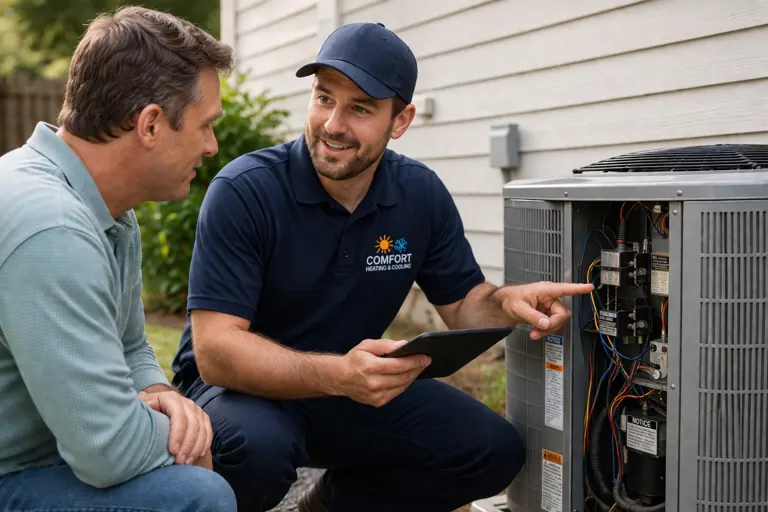 HVAC technician inspecting an air conditioning system with homeowner