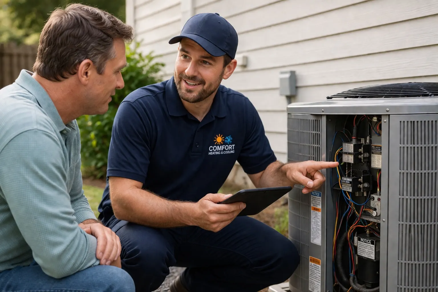 HVAC technician inspecting an air conditioning system with homeowner