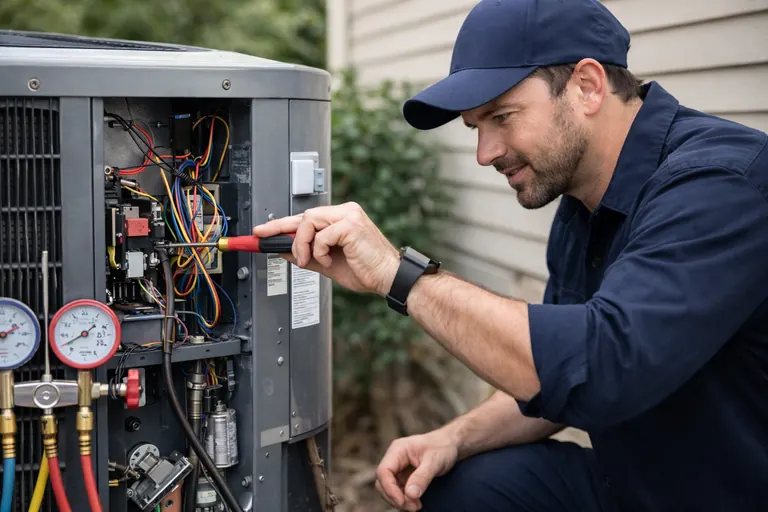 HVAC technician repairing an outdoor air conditioning unit