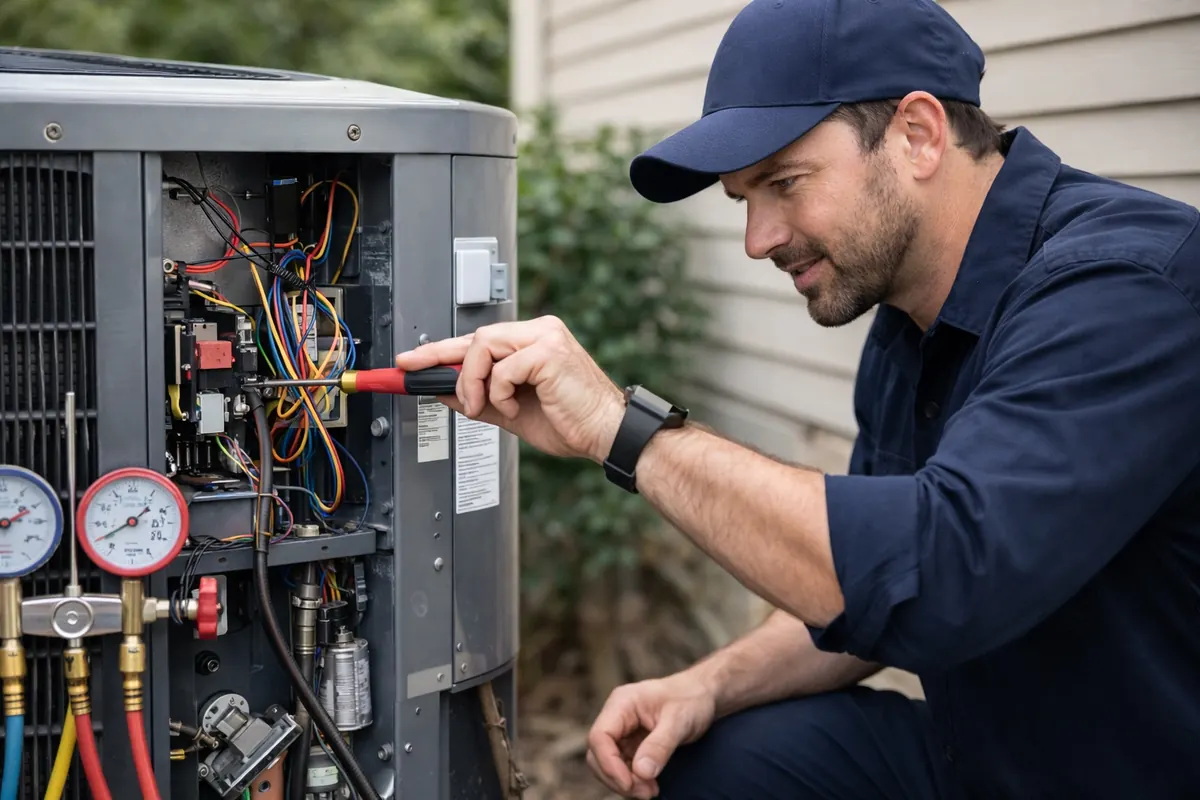 HVAC technician repairing an outdoor air conditioning unit