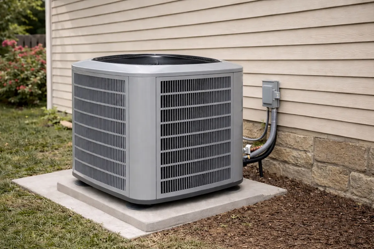 New high efficiency air conditioning system installed outside a home